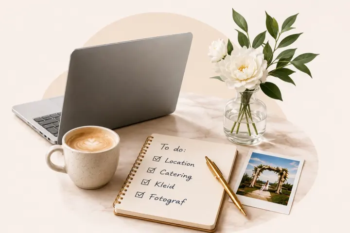 Paar plant gemeinsam die Hochzeitsausgaben am Laptop