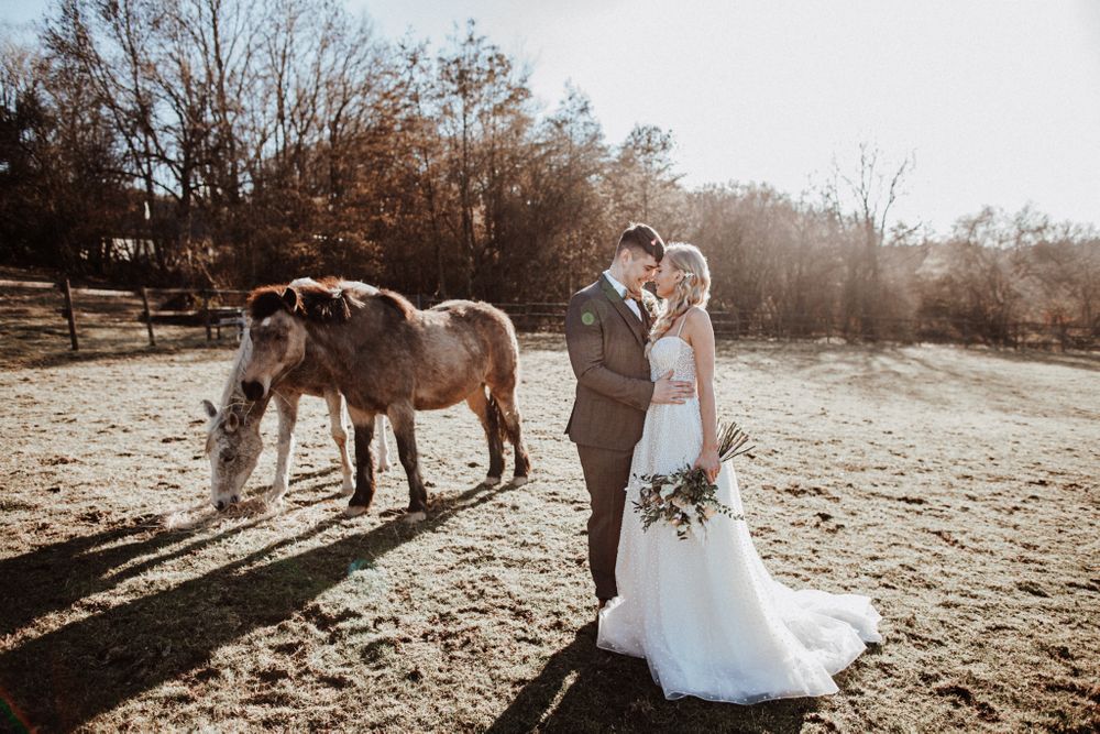Eine Braut und ein Bräutigam stehen neben Pferden auf einem Feld.