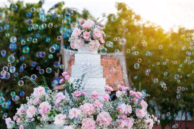 Eine Hochzeitstorte, dekoriert mit rosa Blumen und Blasen.
