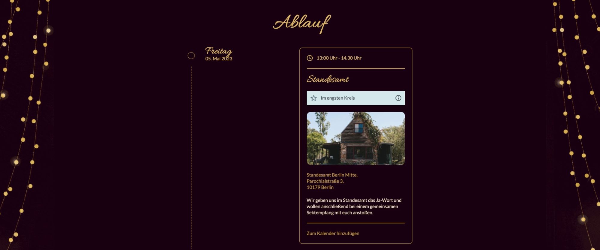 Hochzeitswebseite mit Lichterketten-Elementen