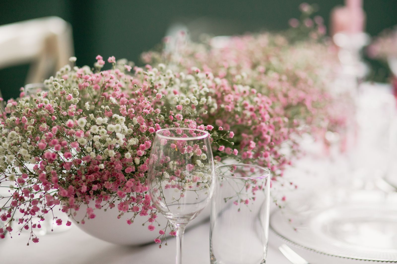 Rosa Schleierkrautblumen auf einem Tisch.