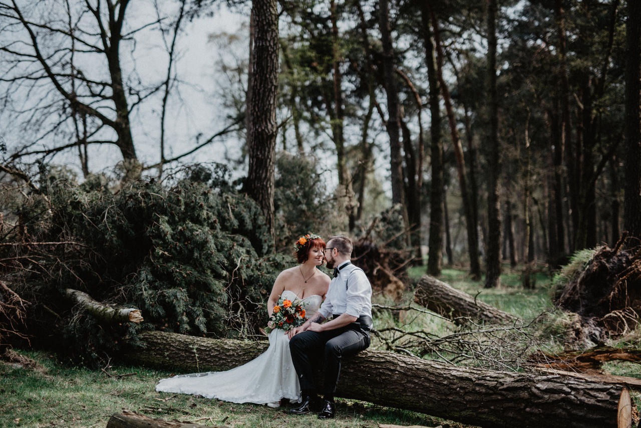 Brautpaar sitzt auf Baumstamm
