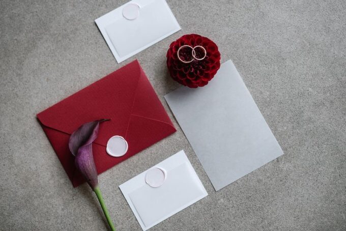 Ein roter Umschlag mit einem Ring und einer Blume.
