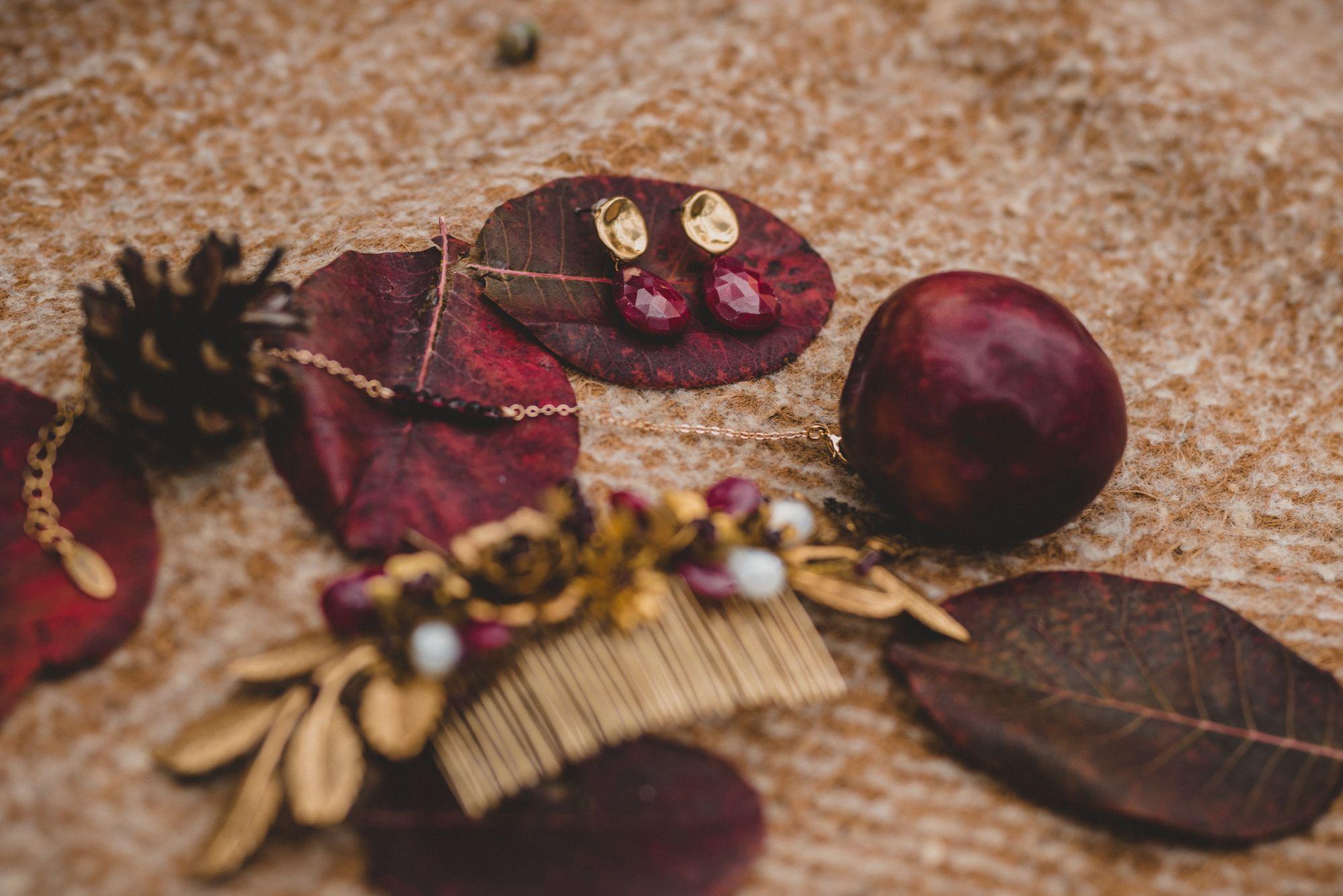 Ein burgunderroter Haarkamm, Ohrringe und Blätter auf einem Tisch.