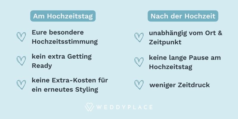 Vorteile Brautpaar Shooting am Hochzeitstag versus nach der Hochzeit