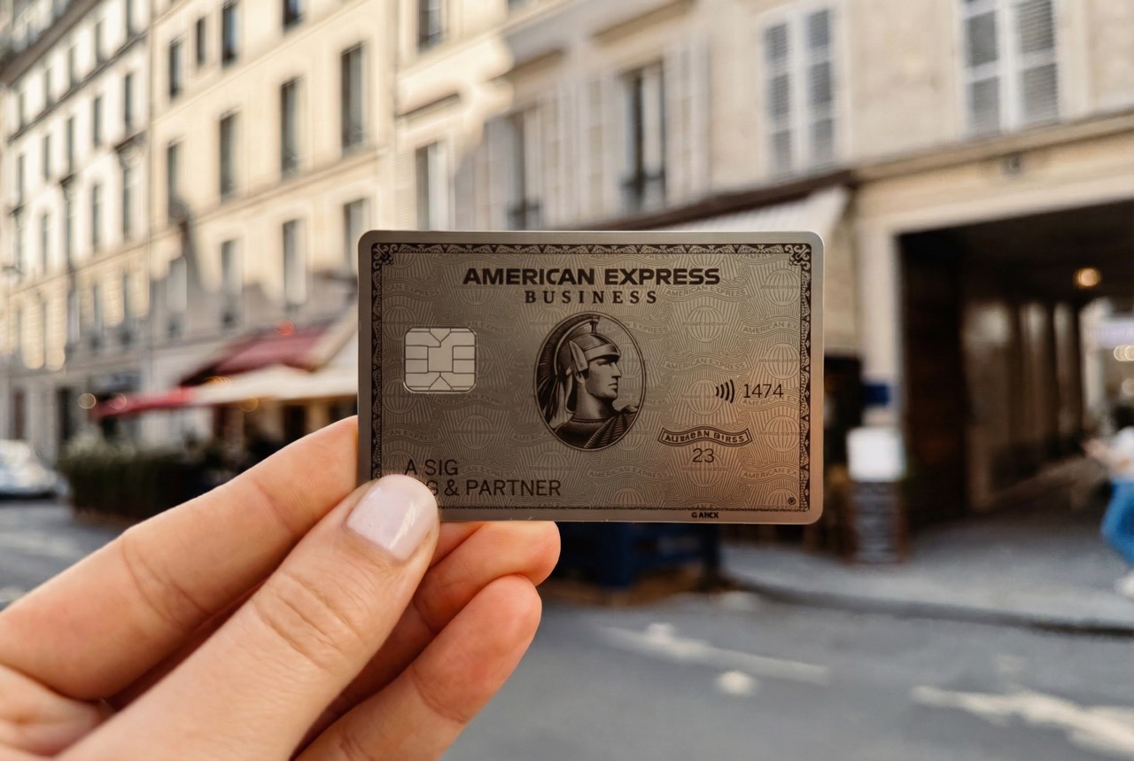 Frau hält eine American Express Business Platinum Karte