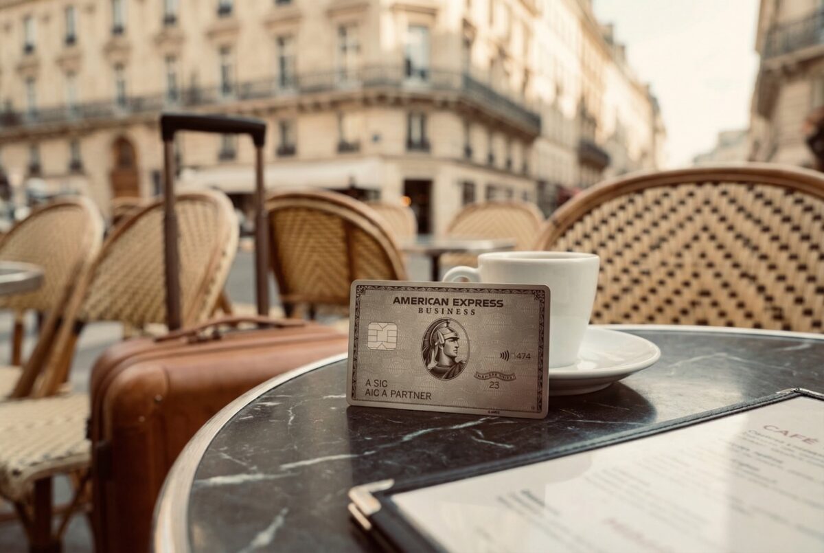 Schräg platzierte American Express Business Platinum Karte auf einem Pariser Bistro-Tisch, warme Tageslichtstimmung mit weichem Bokeh.