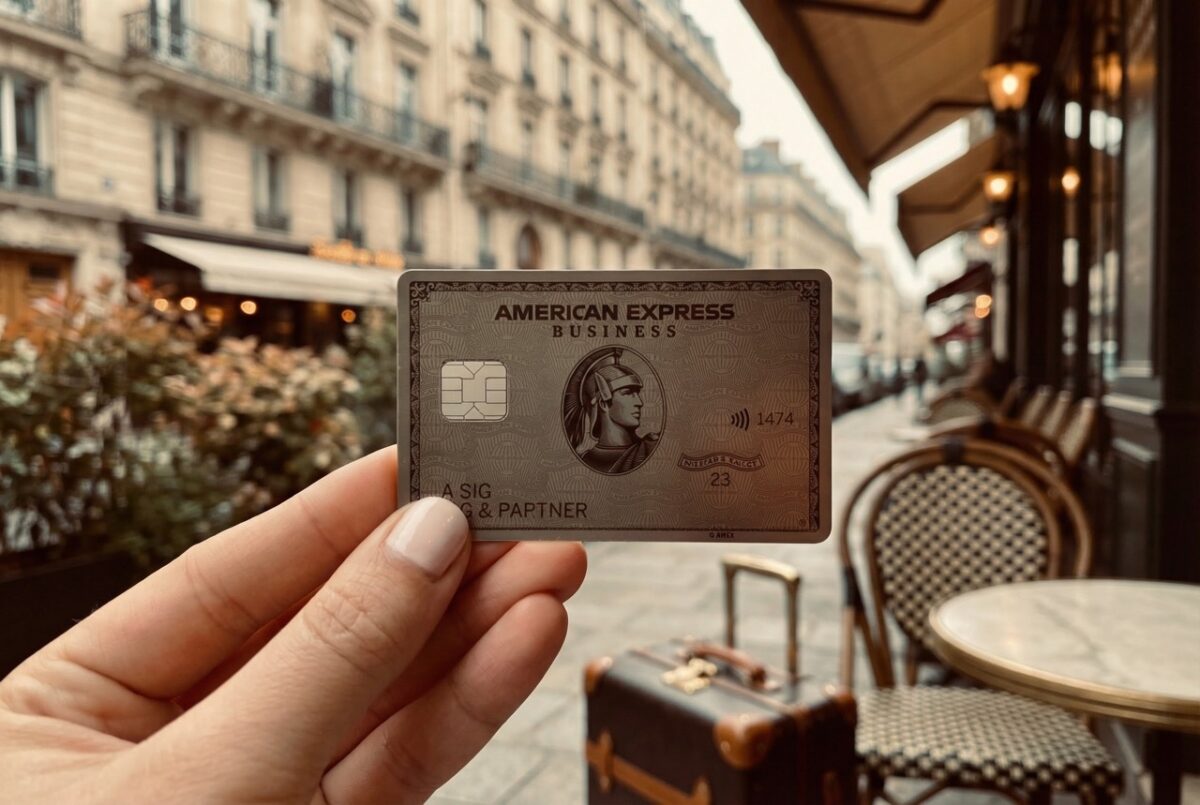 Frau hält eine American Express Business Platinum Karte