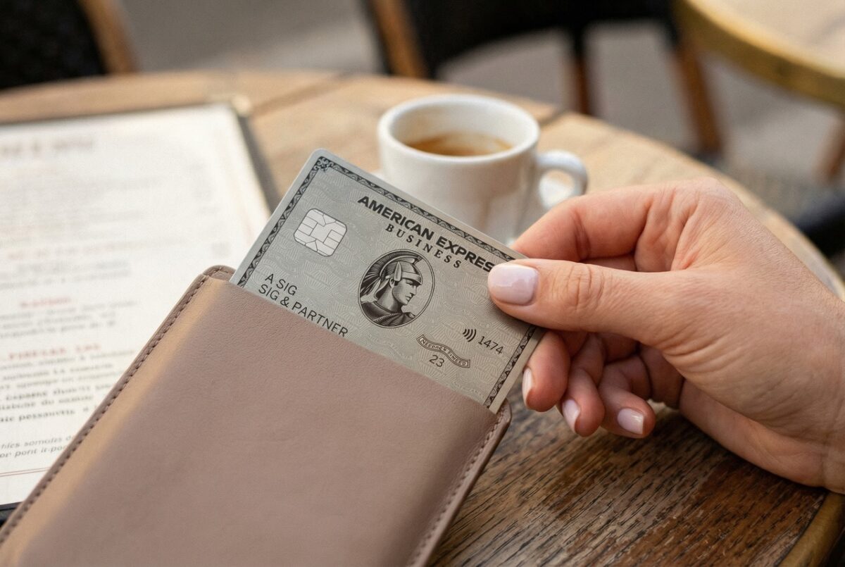 Frau hält eine American Express Business Platinum Karte über einem Pariser Bistro-Tisch