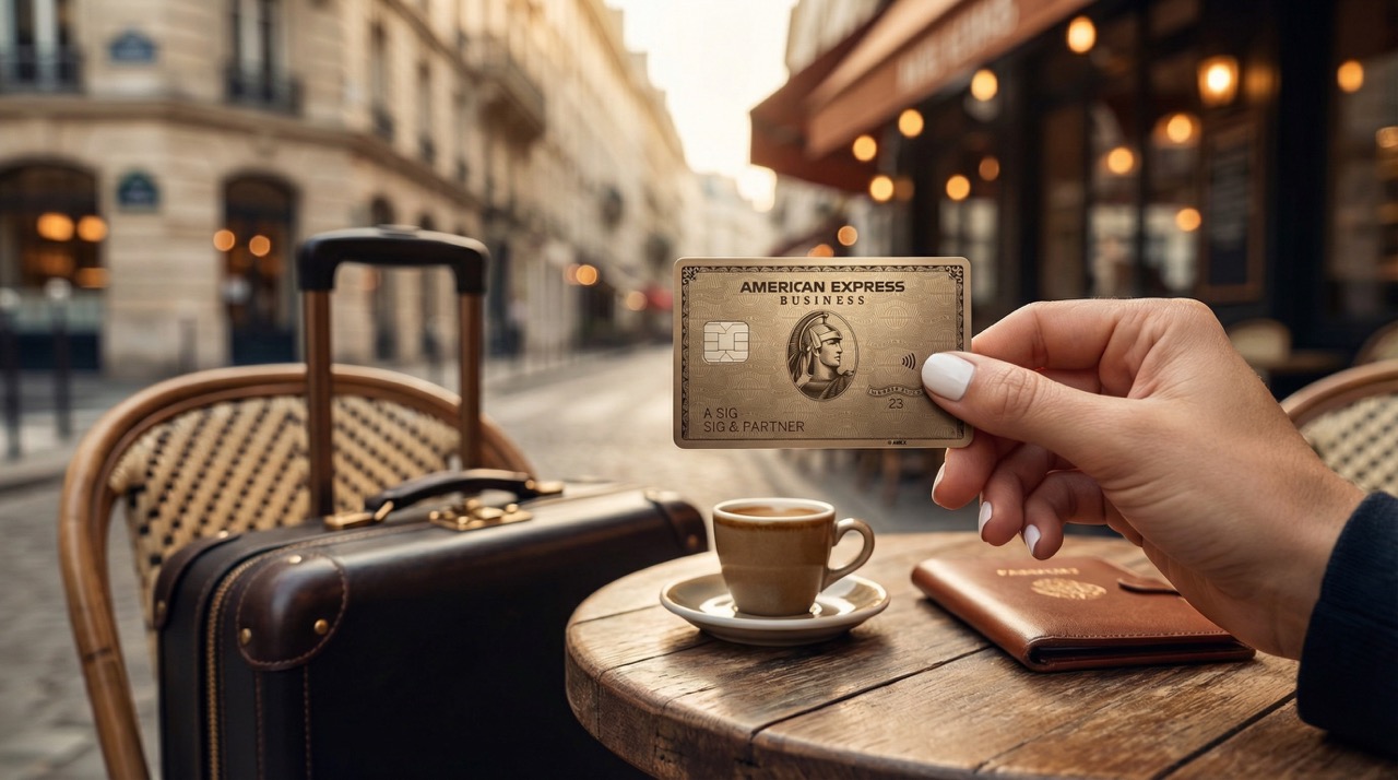 Frau hält eine American Express Business Platinum Karte über einem Pariser Bistro-Tisch, Espresso und Stühle unscharf im Hintergrund.