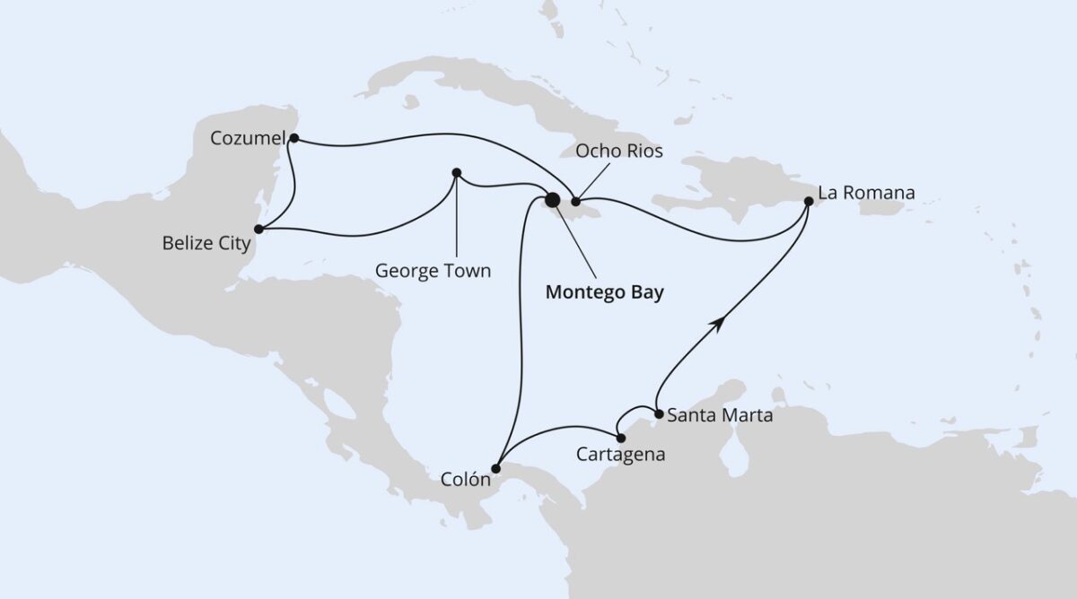Bild einer Route, die zeigt, wie vielseitig die Region sein kann: von Jamaika aus mit Stopps in Mittelamerika und Mexiko (AIDAdiva).
