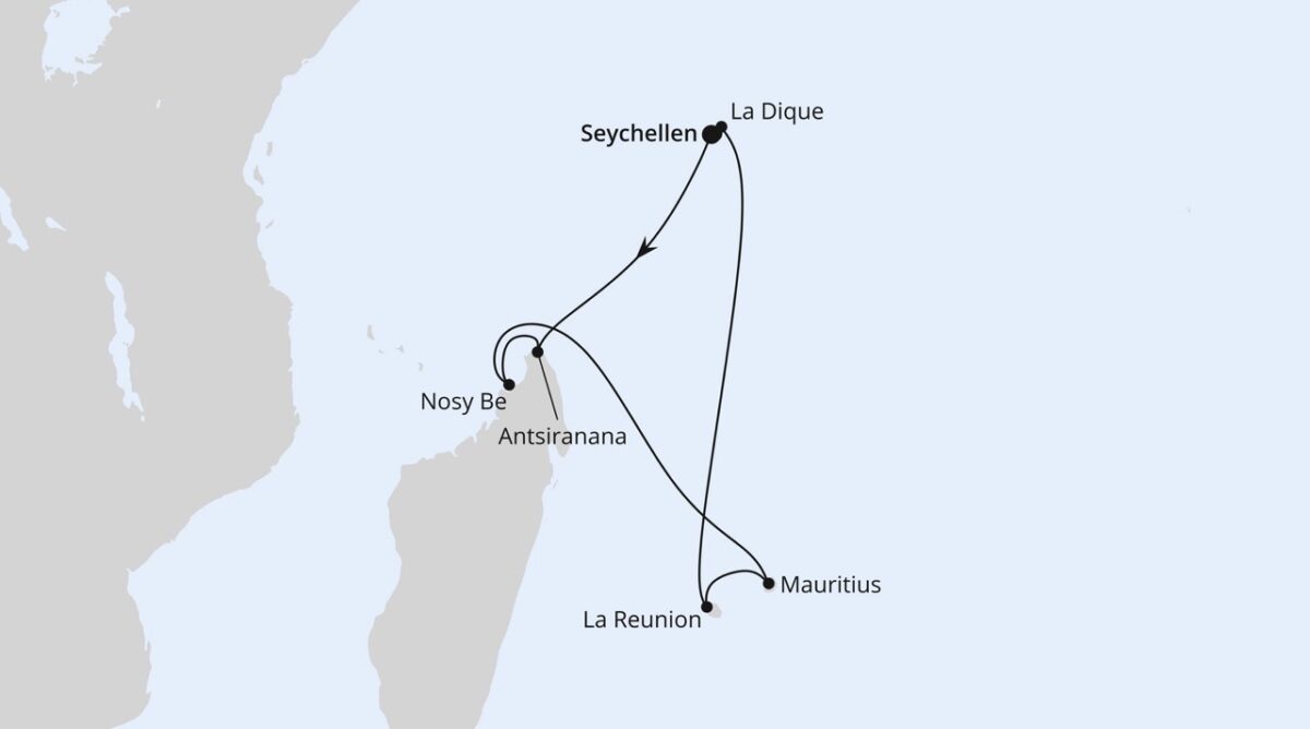 Bild einer Route mit Stopps auf den Seychellen, in Madagaskar und auf Mauritius (AIDAblu).