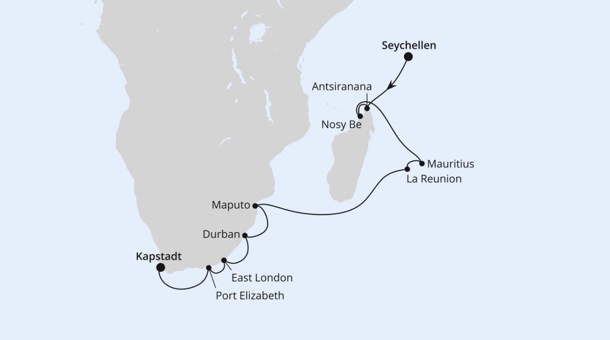 Bild einer eine Route, die Inselmomente im Indischen Ozean mit Südafrika verbindet (AIDAblu).