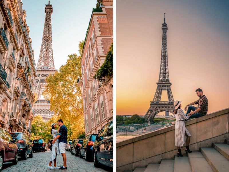 Paar steht umarmend in einer Straße in Paris // Paar steht auf einer Treppe mit Blick auf den Eiffelturm