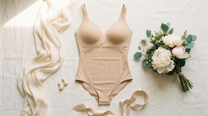 Brautshapewear in Nude: nahtloser Shaping-Body neben Pfingstrosen-Brautstrauß, Perlenohrringen und Champagner-Satinband auf Leinenstoff