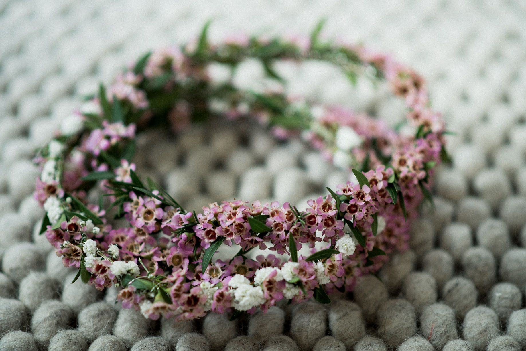 Auf einer grauen Decke sitzt eine rosa-weiße Blumenkrone.